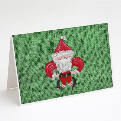 Caroline's Treasures Christmas, Christmas Santa Fleur de lis on Faux Burlap Greeting Cards and Envelopes Pack of 8, 7 x 5, New Orleans Image 1