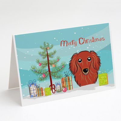 Caroline's Treasures Christmas, Christmas Tree and Longhair Red Dachshund Greeting Cards and Envelopes Pack of 8, 7 x 5, Dogs Image 1