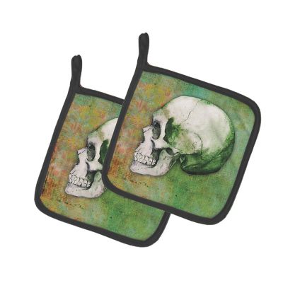 Caroline's Treasures Day of the Dead Green Skull Pair of Pot Holders, 7.5 x 7.5, Seasonal Image 1