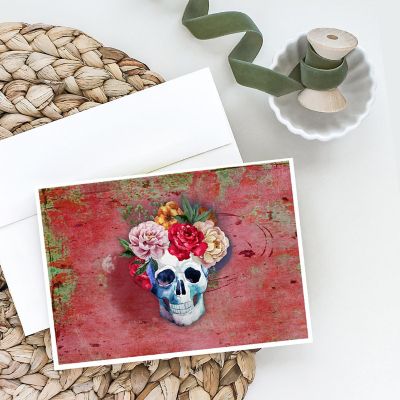 Caroline's Treasures Day of the Dead Red Flowers Skull  Greeting Cards and Envelopes Pack of 8, 7 x 5, Flowers Image 1