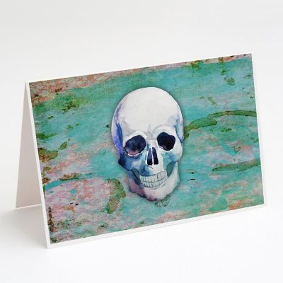 Caroline's Treasures Day of the Dead Teal Skull Greeting Cards and Envelopes Pack of 8, 7 x 5, Seasonal Image 1