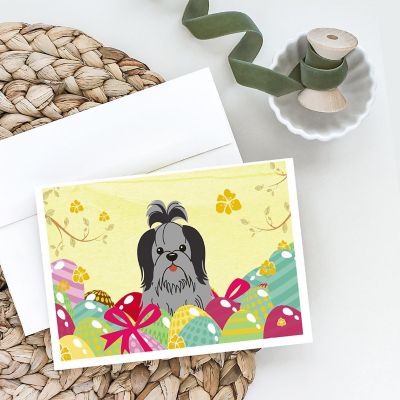 Caroline's Treasures Easter, Easter Eggs Shih Tzu Black Silver Greeting Cards and Envelopes Pack of 8, 7 x 5, Dogs Image 1