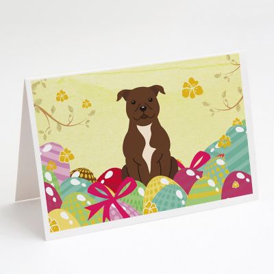 Caroline's Treasures Easter, Easter Eggs Staffordshire Bull Terrier Chocolate Greeting Cards and Envelopes Pack of 8, 7 x 5, Dogs Image 1