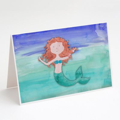 Caroline's Treasures Ginger Mermaid Watercolor Greeting Cards and Envelopes Pack of 8, 7 x 5, Fantasy Image 1