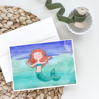 Caroline's Treasures Ginger Mermaid Watercolor Greeting Cards and Envelopes Pack of 8, 7 x 5, Fantasy Image 1