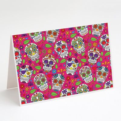 Caroline's Treasures Halloween, Day of the Dead Pink Greeting Cards and Envelopes Pack of 8, 7 x 5, Seasonal Image 1