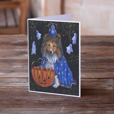 Caroline's Treasures Halloween, Sheltie Halloween Witch Greeting Cards and Envelopes Pack of 8, 7 x 5, Dogs Image 1