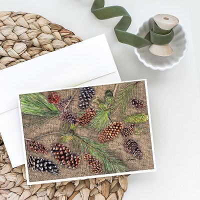Caroline's Treasures Pine Cones on Faux Burlap Greeting Cards and Envelopes Pack of 8, 7 x 5, Flowers Image 1