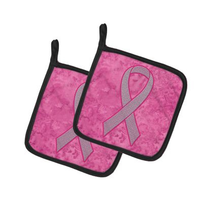 Caroline's Treasures Pink Ribbon for Breast Cancer Awareness Pair of Pot Holders, 7.5 x 7.5, Cancer Awareness Image 1