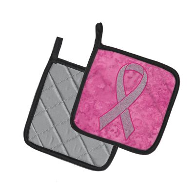 Caroline's Treasures Pink Ribbon for Breast Cancer Awareness Pair of Pot Holders, 7.5 x 7.5, Cancer Awareness Image 1