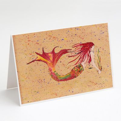 Caroline's Treasures Red Headed Ginger Mermaid on Coral Greeting Cards and Envelopes Pack of 8, 7 x 5, Fantasy Image 1