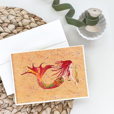 Caroline's Treasures Red Headed Ginger Mermaid on Coral Greeting Cards and Envelopes Pack of 8, 7 x 5, Fantasy Image 1