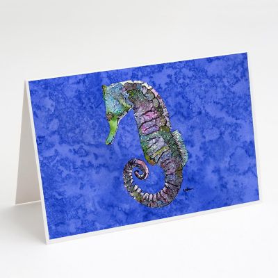 Caroline's Treasures Seahorse on Blue Greeting Cards and Envelopes Pack of 8, 7 x 5, Nautical Image 1