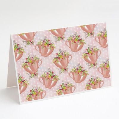 Caroline's Treasures Tea Cup and Flowers Pink Greeting Cards and Envelopes Pack of 8, 7 x 5, Flowers Image 1