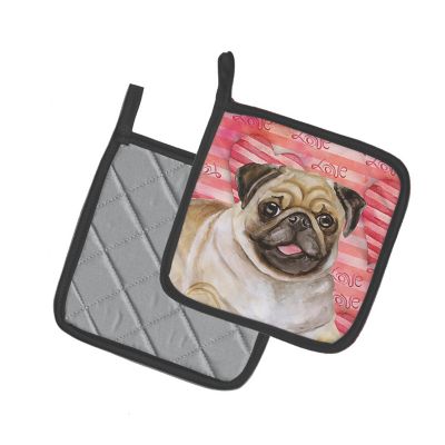Caroline's Treasures Valentine's Day, Fawn Pug Love Pair of Pot Holders, 7.5 x 7.5, Dogs Image 1