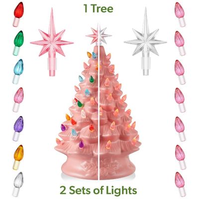 Casafield 15" Pre-Lit Pink Ceramic Christmas Tree Hand-Painted Tabletop Decor with Lights Image 1