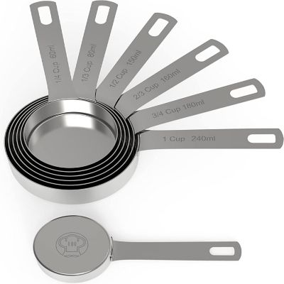 Chef Pomodoro Stainless Steel Measuring Cup Set, Nested and Stackable with 7 Pieces, Sturdy Extra-long Handles with Lasered Markings and Sorting Ring Image 1