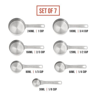 Chef Pomodoro Stainless Steel Measuring Cup Set, Nested and Stackable with 7 Pieces, Sturdy Extra-long Handles with Lasered Markings and Sorting Ring Image 1