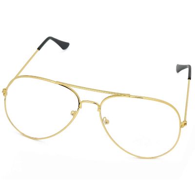 Clear Lens Costume Glasses - 70's Style Aviator Gold Wire Rimmed Clear Sunglasses for Adults and Kids Image 1