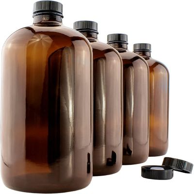 Cornucopia 32-Ounce Amber Kombucha Growler Bottles (4-Pack); 1 Quart Boston Round Glass Bottles w/ 6 Polycone Phenolic Lids for Home Brewing Image 1
