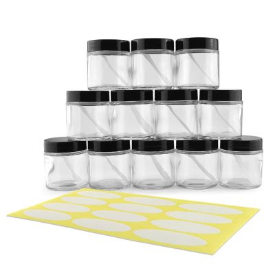 Cornucopia 4-Ounce Clear Glass Jars (12-Pack); Straight-Sided Containers for Cosmetics and Food Storage with Spatulas and Labels Image 1