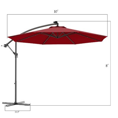 Costway 10' Hanging Solar LED Umbrella Patio Sun Shade Offset Market W/Base Burgundy Image 1