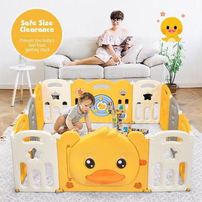 Costway 12-Panel Foldable Baby Playpen Kids Yellow Duck Yard Activity Center with Sound Image 1