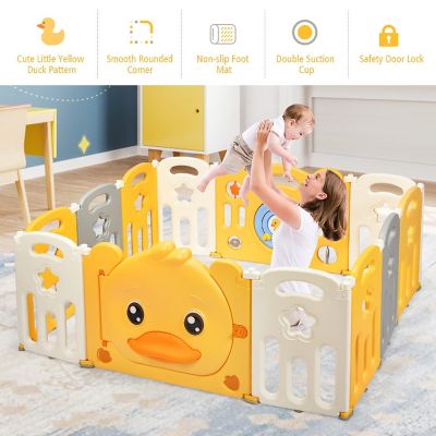 Costway 12-Panel Foldable Baby Playpen Kids Yellow Duck Yard Activity Center with Sound Image 2