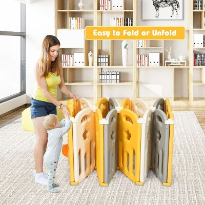 Costway 12-Panel Foldable Baby Playpen Kids Yellow Duck Yard Activity Center with Sound Image 3