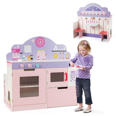 Costway 2 in 1 Kids Play Kitchen & Cafe Restaurant Wooden Pretend Cooking Playset Toy Image 1