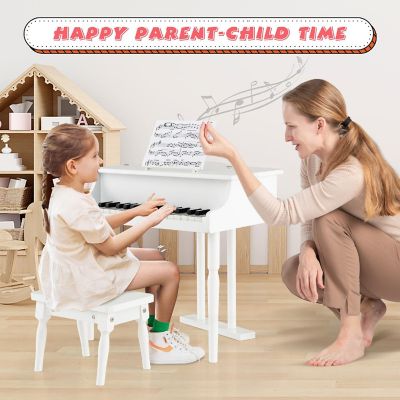 Costway 30 Key Classical Kids Piano Wooden Musical Instrument Toy w/ Stand & Stool White Image 3