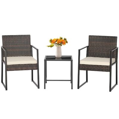 Costway 3pcs Patio Furniture Set Heavy Duty Cushioned Wicker Rattan Chairs Table Image 1