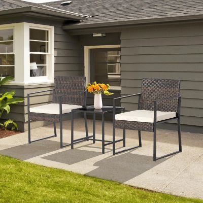 Costway 3pcs Patio Furniture Set Heavy Duty Cushioned Wicker Rattan Chairs Table Image 2