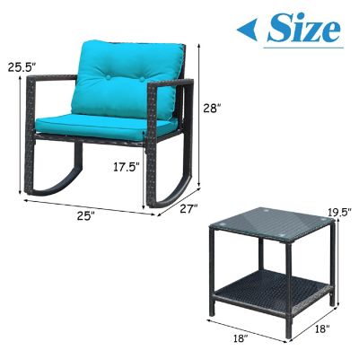Costway 3PCS Patio Rattan Furniture Set Rocking Chairs Cushioned Conversation Set Blue Image 2