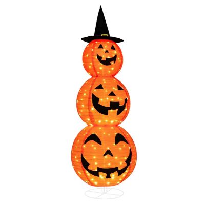 Costway 5 FT Halloween Pumpkin Decoration Triple Stacked Pre-Lit Combo w/ Witch Hat Image 1