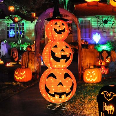 Costway 5 FT Halloween Pumpkin Decoration Triple Stacked Pre-Lit Combo w/ Witch Hat Image 1