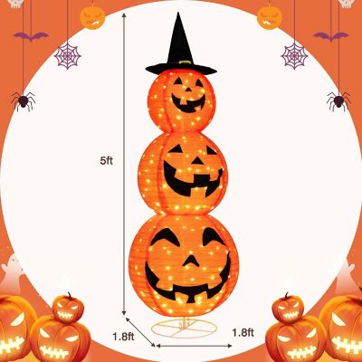 Costway 5 FT Halloween Pumpkin Decoration Triple Stacked Pre-Lit Combo w/ Witch Hat Image 2