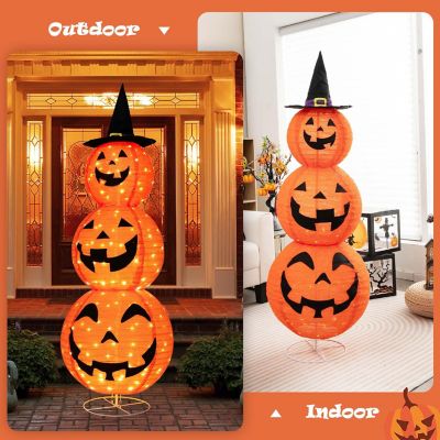 Costway 5 FT Halloween Pumpkin Decoration Triple Stacked Pre-Lit Combo w/ Witch Hat Image 3