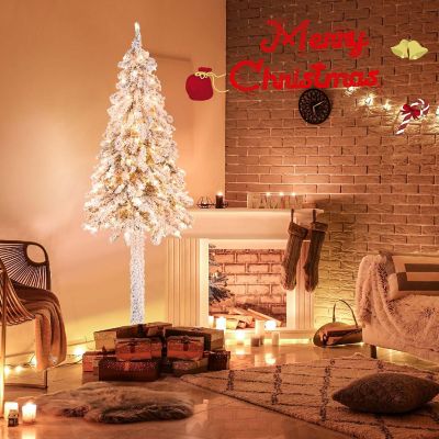 Costway 6 FT Pre-Lit Slim Pencil Christmas Tree Snow Flocked Xmas D&#233;cor with 175 Lights Image 1