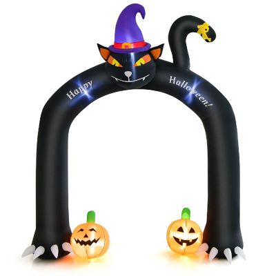 Costway 9FT Halloween Inflatable Cat Archway Blow-up Doorway Decoration with Wizard Cat & Pumpkins  Bright LED Lights Image 1
