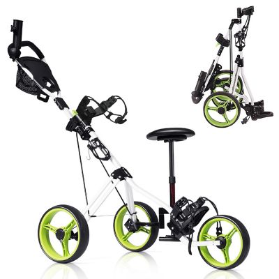 Costway Foldable 3 Wheel Push Pull Golf Club Cart Trolley w/Seat Scoreboard Bag Swivel Image 1