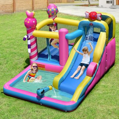 Costway Inflatable Bounce House Sweet Candy Bouncy Castle W/ Water Slide& 480W Blower Image 1
