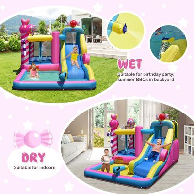 Costway Inflatable Bounce House Sweet Candy Bouncy Castle W/ Water Slide& 480W Blower Image 2