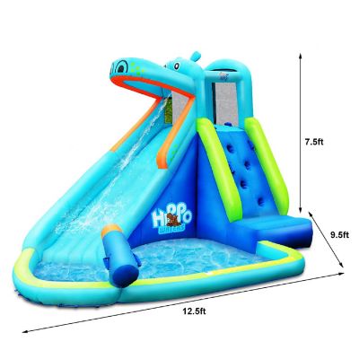 Costway Inflatable Kids Hippo Bounce House Slide Climbing Wall Splash Pool w/740W Blower Image 1