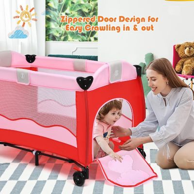 Costway Pink Baby Playpen Playard Pack Travel Infant Bassinet Bed Foldable Image 3