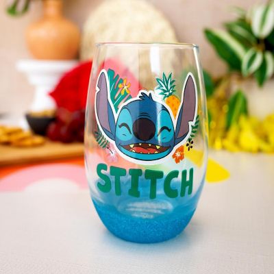 Disney Lilo & Stitch Hawaiian Flowers Teardrop Stemless Wine Glass  20 Ounces Image 1