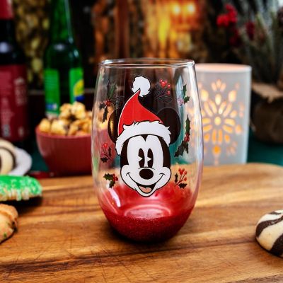 Disney Mickey Mouse Santa Hat Teardrop Stemless Wine Glass  Holds 20 Ounces Image 2
