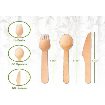 ECO SOUL 100 Percent Compostable Eco-Friendly Biodegradable Cutlery Utensil Sets - 175 Count, Birchwood Forks, Knives, Spoons Image 1