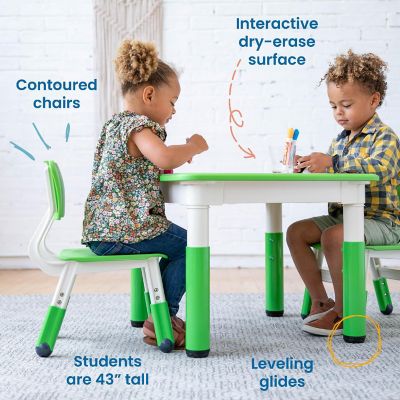 ECR4Kids Dry-Erase Square Activity Table with 2 Chairs, Adjustable, Kids Furniture, Grassy Green, 3-Piece Image 3