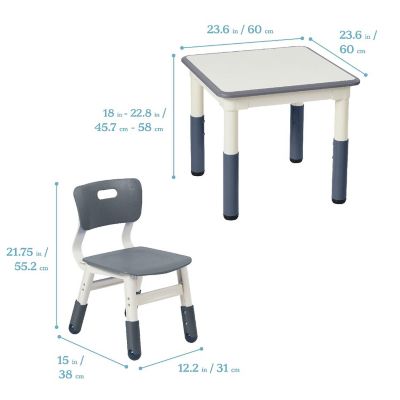 ECR4Kids Dry-Erase Square Activity Table with 2 Chairs, Adjustable, Kids Furniture, Grey, 3-Piece Image 1